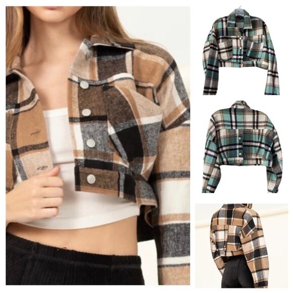 HYFVE Jackets & Blazers - HYFVE Size Medium Cropped Plaid Flannel Shacket Jacket Teal Tan Back Buttons